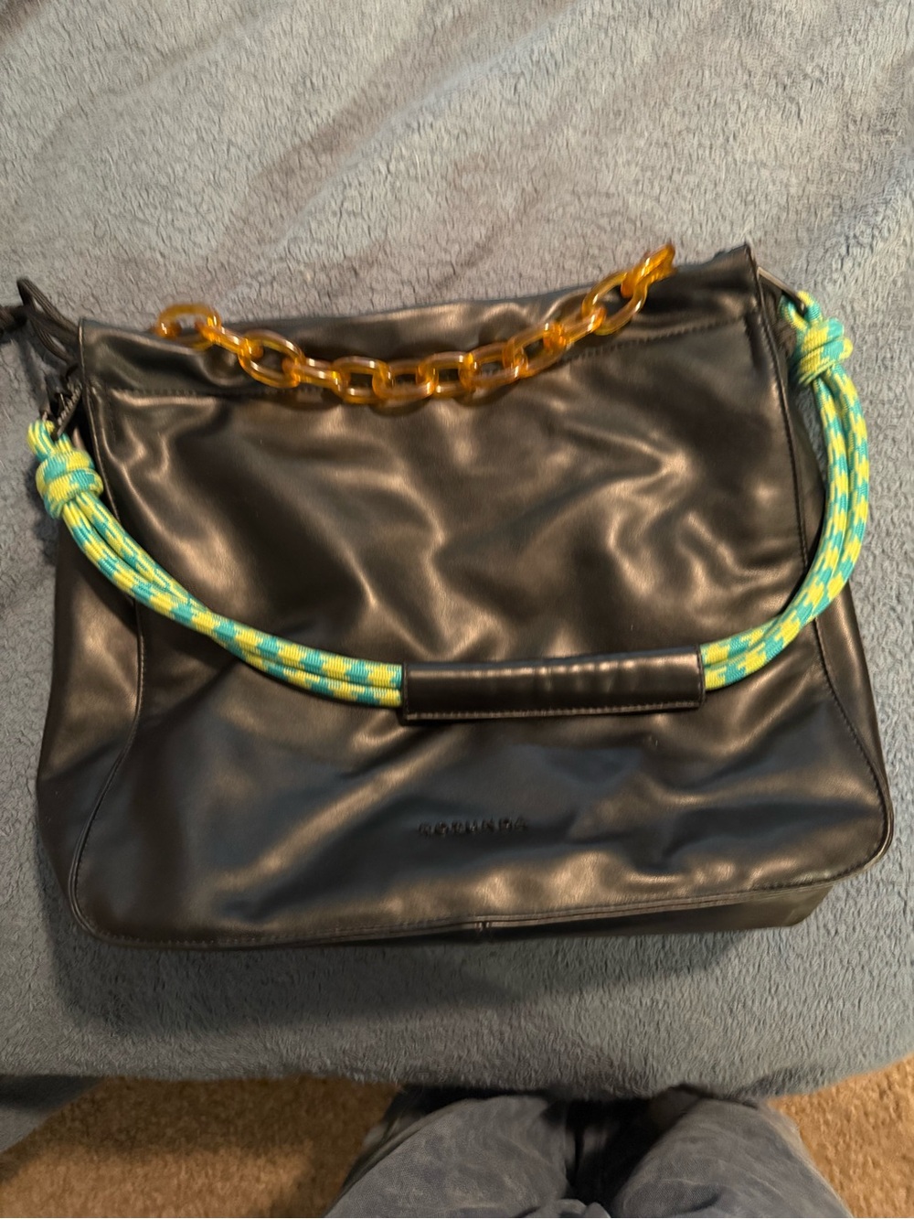 Rotunda Sant Hobo Bag-with Yellow Chain and Turquoise Rope Handle vegan leather